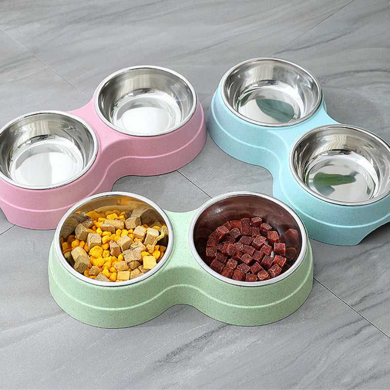 Double Pet Stainless Steel Bowls Food Water Feeder for Dogs & Cats